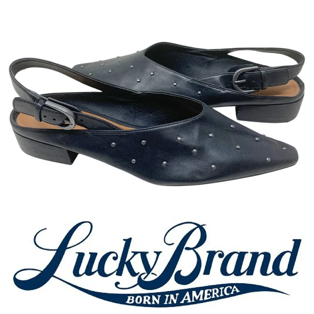 Lucky Brand Brigeet Slingback Flats Women's 9 Black Studded Pointed Toe Shoes